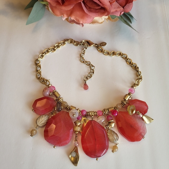 Chico's Necklace Pink Glass Slab Mother Of Pearl Goldtone Statement Jewelry 18" - Picture 2 of 12